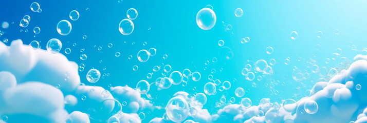A serene blue background with detergent foam bubbles floating lazily, surrounded by soft, wispy soap suds.