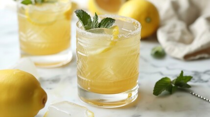 Two glasses of iced lemon tea with lemon slices. Whiskey Lemonade with Honey Simple Syrup