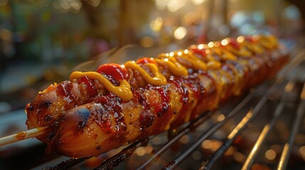A golden corn dog with ketchup and mustard on a stick, against a fairground background with plenty of copy space - Powered by Adobe