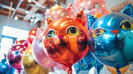 Colorful Cat Balloons at Festive Event. International Cat Day