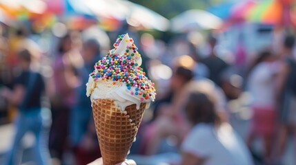 Colorful Sprinkles on Vanilla Ice Cream Cone at Street Fair. National Ice Cream Day