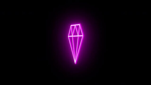 Neon diamond sign animation, rotation around vertical axis. Glowing neon 3D gemstone icon, looped spin. Gem, brilliant stone, royal treasure, jewel, premium and luxury, rich. Purple, pink, red colors