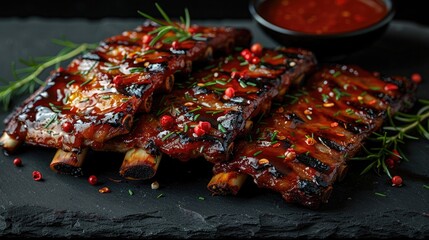 Juicy Barbecue Rib with Glossy Sauce: Placed on Dark Slate Background with Plenty of Copy Space