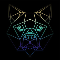 Colorful geometric dog head on a black background with a gradient lines, line drawing, neon lighting. Vector art, sots art, low poly, cubo-futurism, sticker, cartoon avatar, animal logo, surreal