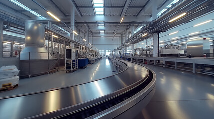 Obraz premium A panoramic view of a clean, high-tech factory with conveyor belts and modern equipment