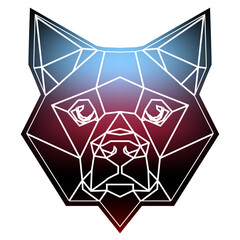 Stylized dog head a geometric style of triangles and different gradient colors with a white background, white lines. Vector art, sots art, low poly, cubo-futurism, sticker, cartoon avatar, animal logo