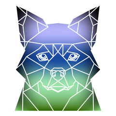 Stylized dog head a geometric style of triangles and different gradient colors with a white background, white lines. Vector art, sots art, low poly, cubo-futurism, sticker, cartoon avatar, animal logo