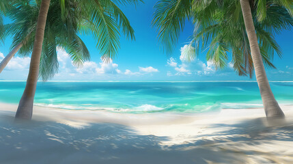 A tropical beach scene with palm trees, white sand, and clear blue water, a perfect vacation background