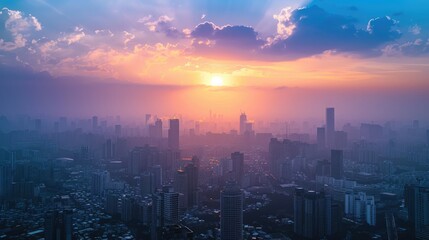 Fototapeta premium Cityscape at sunset with a noticeable layer of smog due to high PM 2.5 levels