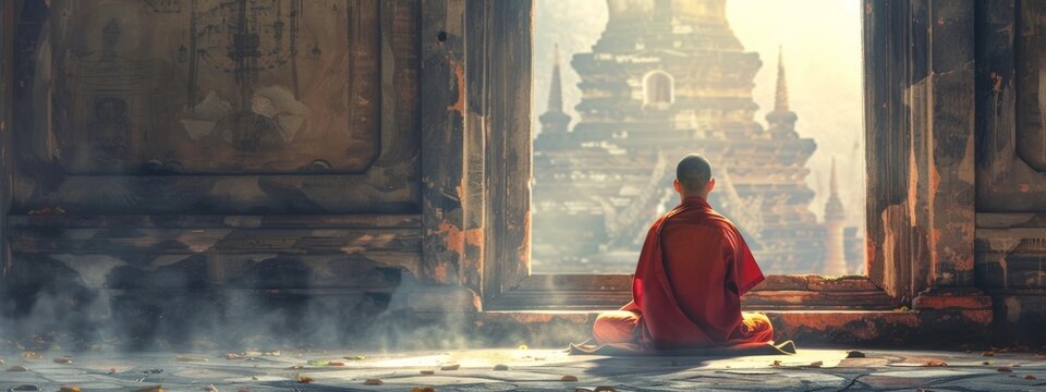 Buddhist monk meditating in a serene temple, practicing ancient rituals with respect. The concepts of Buddhism, meditation, tranquility, ancient rituals, reverence.