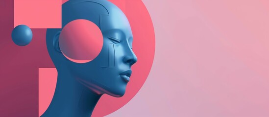An illustration of a woman with long flowing hair, eyes closed. Red and black with geometric shapes background designs made of pink and blue with a high tech feel. Generative AI