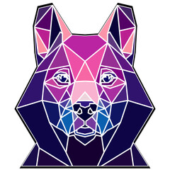 Dog head in a geometric style, black border, colored lines, polygon and triangle shapes. Vector art, sots art, low poly, cubo-futurism, sticker, cartoon avatar, animal logo surreal design, hologram
