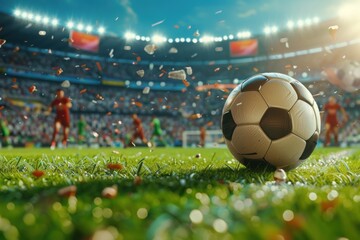 Close-up view of a classic soccer ball poised on the penalty kick spot, ready for a decisive shot, with defocused stadium and players in the background during a vibrant match