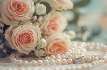 A beautiful bouquet of roses and two golden wedding rings on a white table with pearls