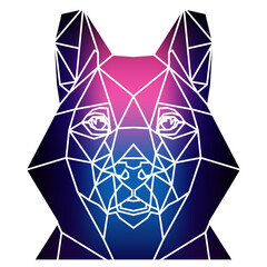 Stylized dog head a geometric style of triangles and different gradient colors with a white background, white lines. Vector art, sots art, low poly, cubo-futurism, sticker, cartoon avatar, animal logo