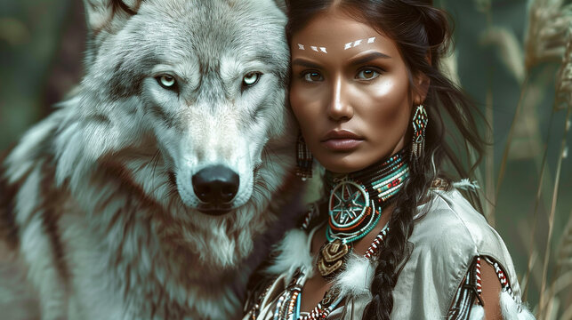 Beautiful wild native American woman with white wolf