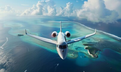 Fototapeta premium A bright white VIP private jet flying over an island and crystal clear turquoise waters.