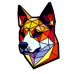 Dog head in a geometric style, black border, colored lines, polygon and triangle shapes. Vector art, sots art, low poly, cubo-futurism, sticker, cartoon avatar, animal logo surreal design, hologram