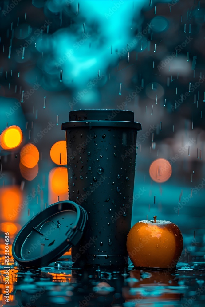 Poster a black coffee cup with a lid sits on a wet surface next to an apple. the scene is set in a rainy en