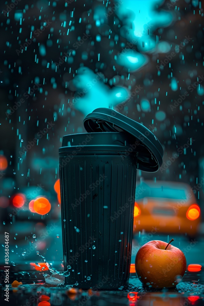 Poster a black coffee cup with a lid sits on a wet surface next to an apple. the scene is set in a rainy en