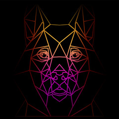 Colorful geometric dog head on a black background with a gradient lines, line drawing, neon lighting. Vector art, sots art, low poly, cubo-futurism, sticker, cartoon avatar, animal logo, surreal