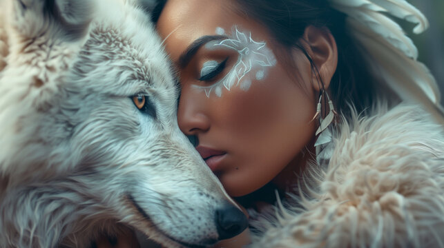 Beautiful wild native American woman with white wolf
