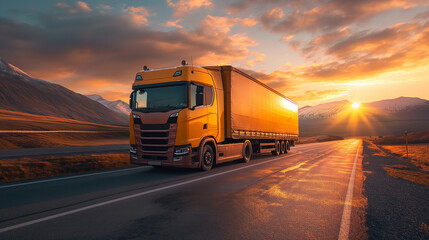 yellow truck with a yellow trailer on a highway in the mountains at sunset