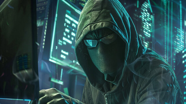 Cyber thief, fraud, online scamming, criminal hacker. AI Generated