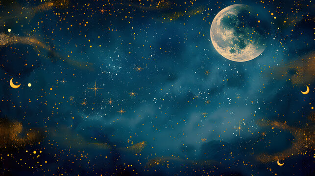 Themed wedding invitation modern template collection with stars and moons. Gold and blue save-the-date cards with watercolor sparkles. Background with starry night.