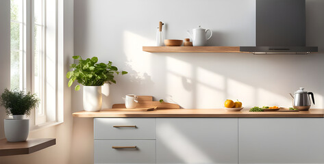 Table of free space and kitchen interior. White wall with shadows and sunny warm morning time.