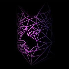 Colorful geometric dog head on a black background with a gradient lines, line drawing, neon lighting. Vector art, sots art, low poly, cubo-futurism, sticker, cartoon avatar, animal logo, surreal