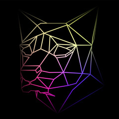 Colorful geometric dog head on a black background with a gradient lines, line drawing, neon lighting. Vector art, sots art, low poly, cubo-futurism, sticker, cartoon avatar, animal logo, surreal