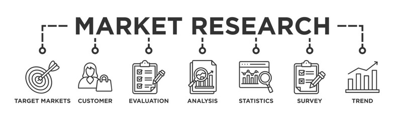 Market research banner web icon vector illustration concept with icon of target markets, customer, evaluation, analysis, statistics, survey and trend