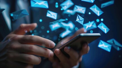 Close-up of a businessman's hand scrolling through emails on a smartphone