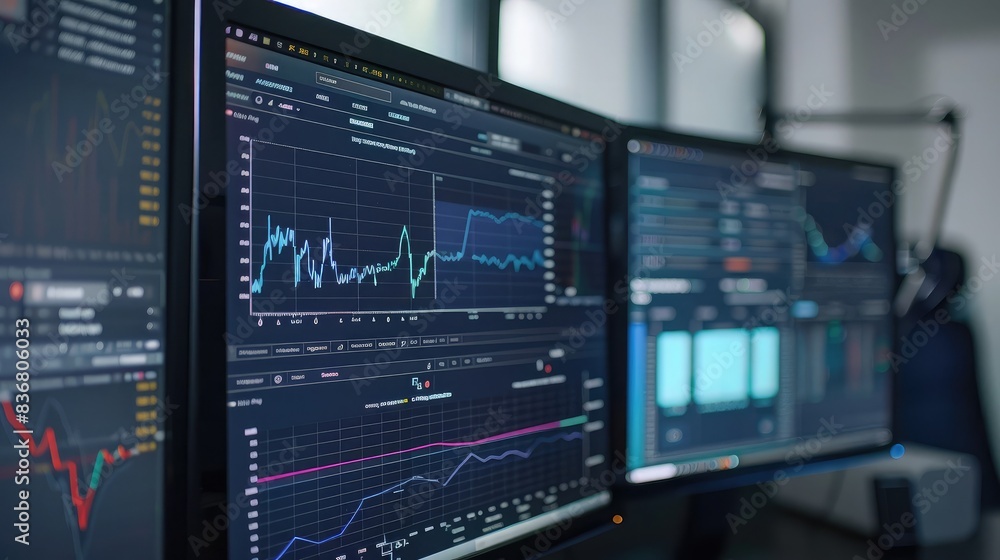 Poster close-up of a computer screen displaying real-time financial data and analytics graphs