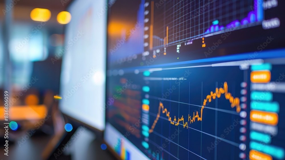 Poster close-up of a computer screen displaying real-time financial data and analytics graphs