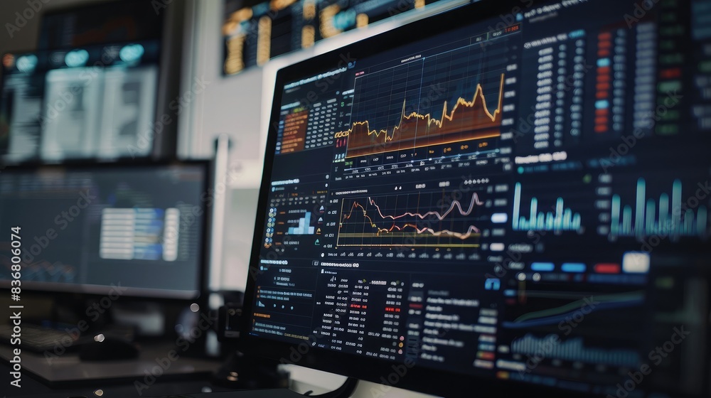 Poster close-up of a computer screen displaying real-time financial data and analytics graphs