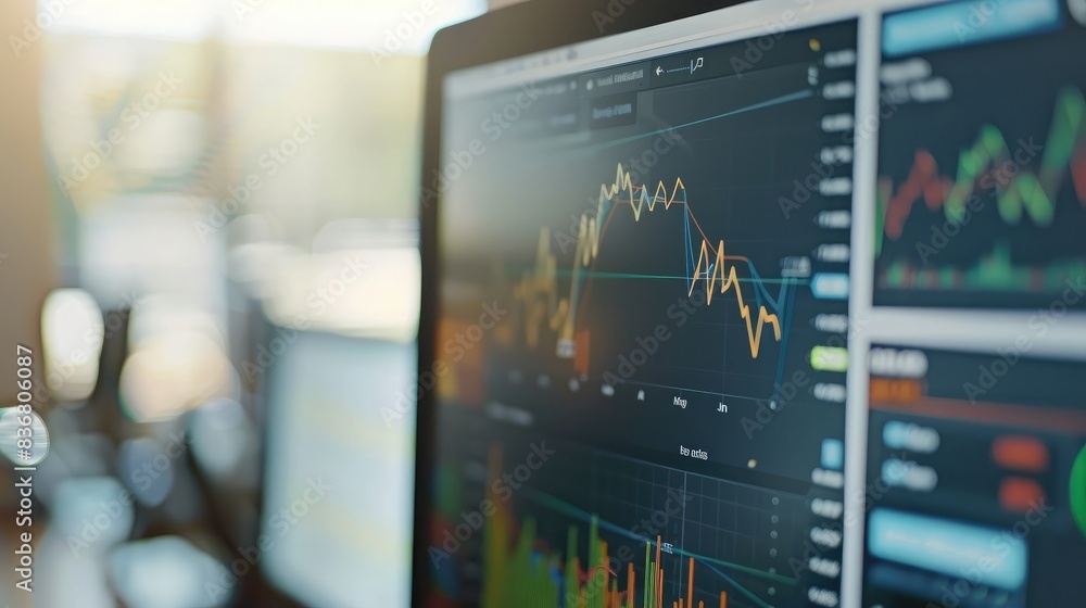 Poster close-up of a computer screen displaying real-time financial data and analytics graphs
