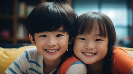 asian children are in a good mood, relaxed, happy, recreation, living room, childhood, lifestyle, preschooler, study, family,