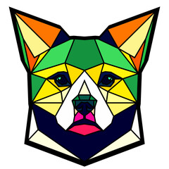 Dog head in a geometric style, black border, colored lines, polygon and triangle shapes. Vector art, sots art, low poly, cubo-futurism, sticker, cartoon avatar, animal logo surreal design, hologram