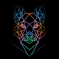 Colorful geometric dog head on a black background with a gradient lines, line drawing, neon lighting. Vector art, sots art, low poly, cubo-futurism, sticker, cartoon avatar, animal logo, surreal