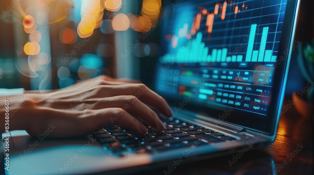 Poster close-up of hands typing on a laptop with financial analytics software displaying graphs and metrics