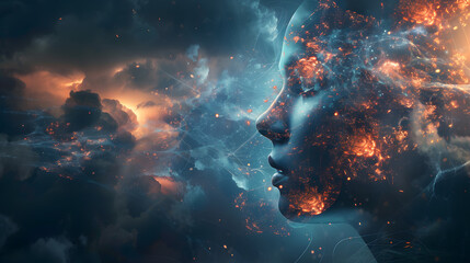 Fototapeta premium Surreal futuristic digital portrait of artificial intelligence. AI Generated