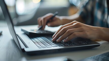 Close-up of hands using a calculator and notebook