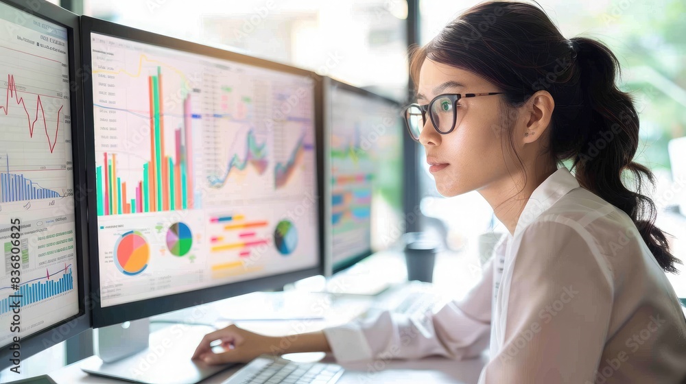 Poster financial analyst reviewing stock market graphs and data analytics reports on a desktop computer