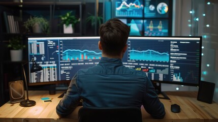 Man working on financial data analytics with dual monitors displaying complex graphs