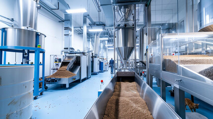 A high-tech facility for dry cat food production, showcasing the pelleted feed manufacturing process