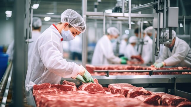 Production line in the food factory.Factory for the production of food from meat.Industrial equipment at a meat factory.Automated production line in modern food factory.People working.