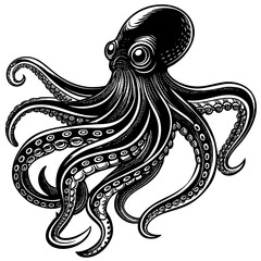 Fototapeta premium Black and White Illustrations of Sea Creatures and Fish, silhouette illustrations of various sea creatures in hand drawn style