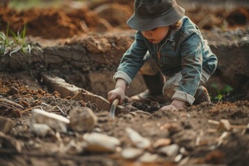 Fototapeta premium Child is focused on digging with a stick in the earth, exploring nature outdoors